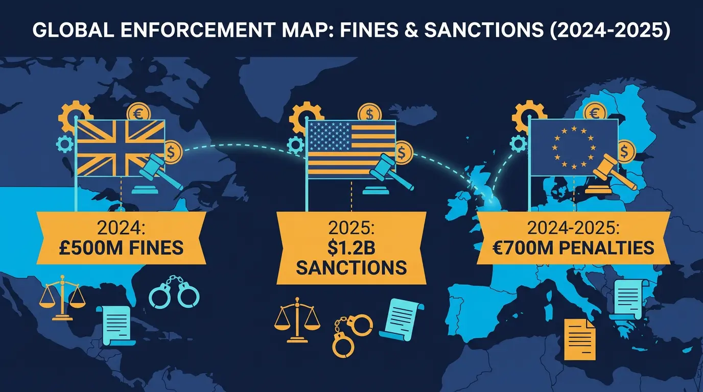 Enforcement map: UK, US, EU flags with recent fines and sanctions dated 2024 2025.