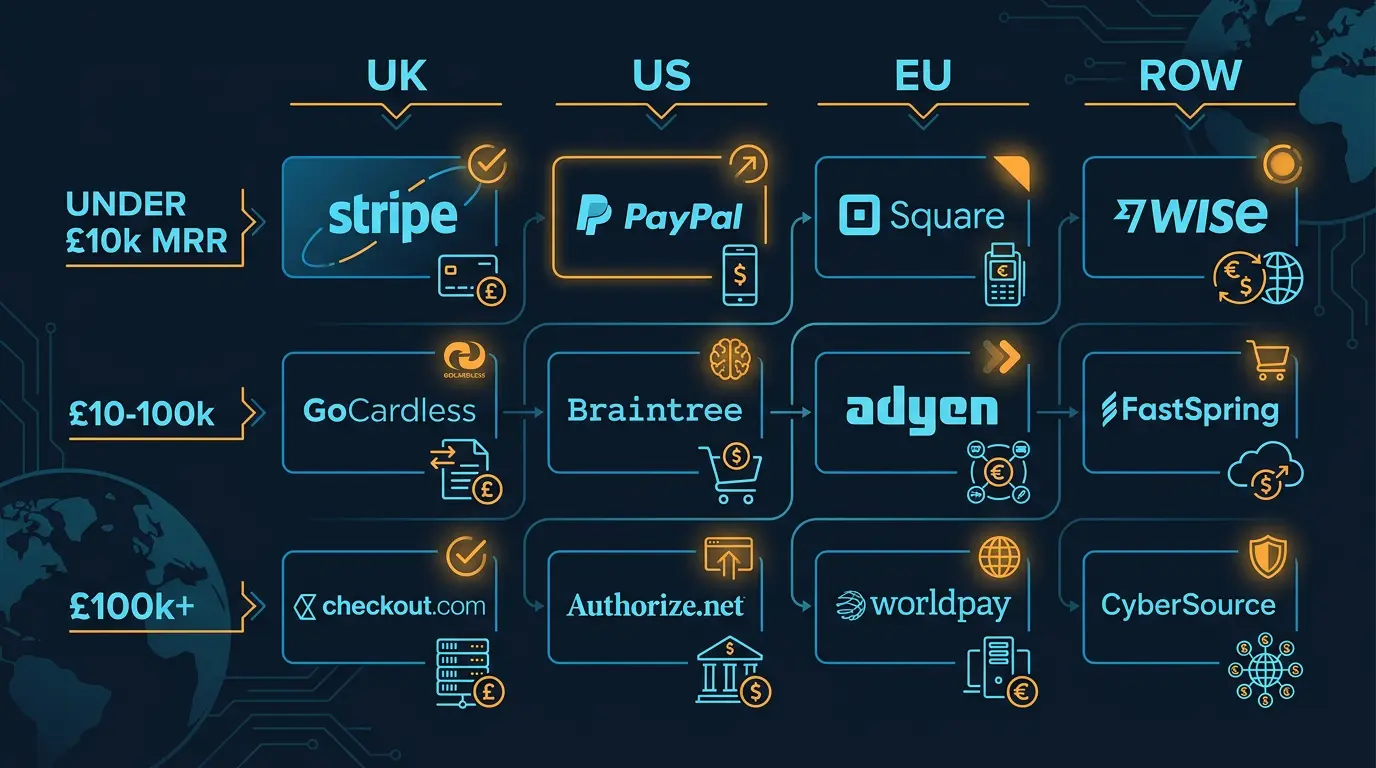 Decision matrix for PSP choice by country and volume.