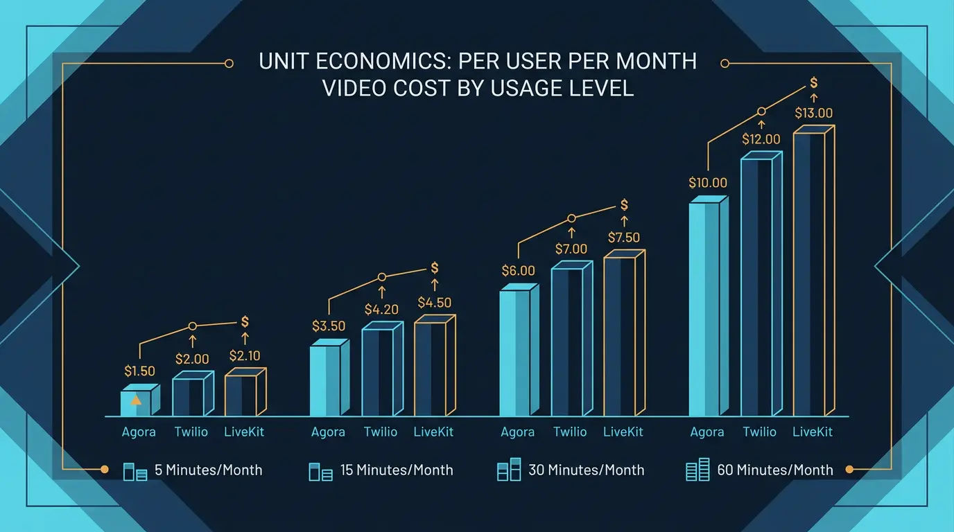 Unit economics chart: per user per month video cost at different usage levels (5, 15, 30, 60 minutes per month).