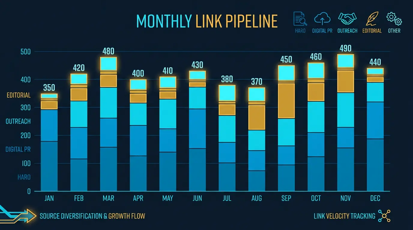 Monthly link pipeline chart: source mix (HARO, digital PR, outreach, etc) and count.