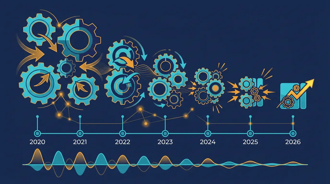 Multiple compression chart 2020 to 2026 for mid market dating deals.