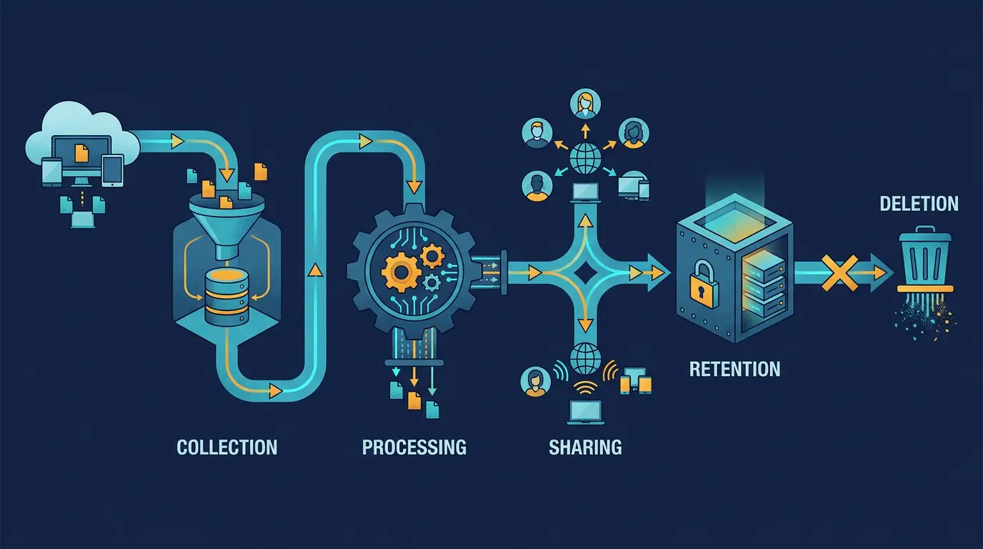 Data flow map: collection -> processing -> sharing -> retention -> deletion.