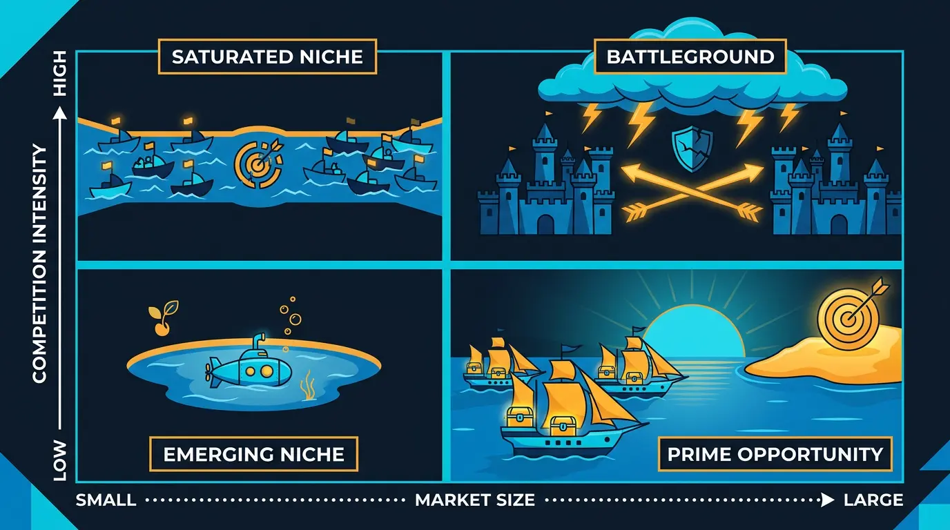 Niche competition map: 2x2 competition intensity vs market size.