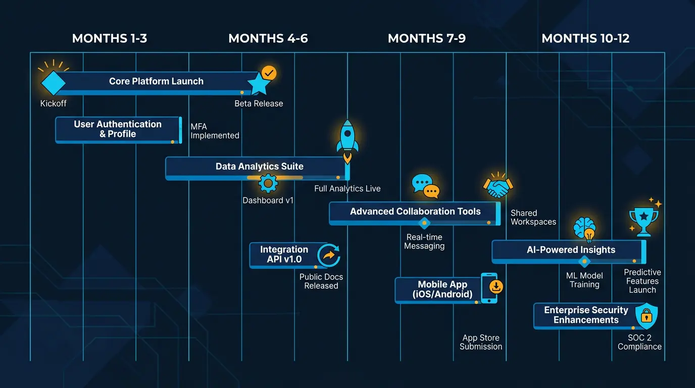Roadmap Gantt chart showing which features ship in months 1-3, 4-6, 7-9, 10-12.
