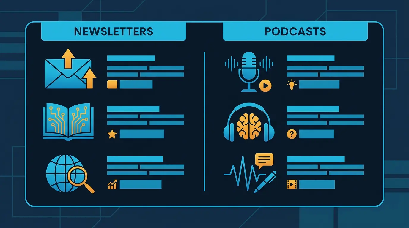 Reading list card with newsletters and podcasts grouped by focus.