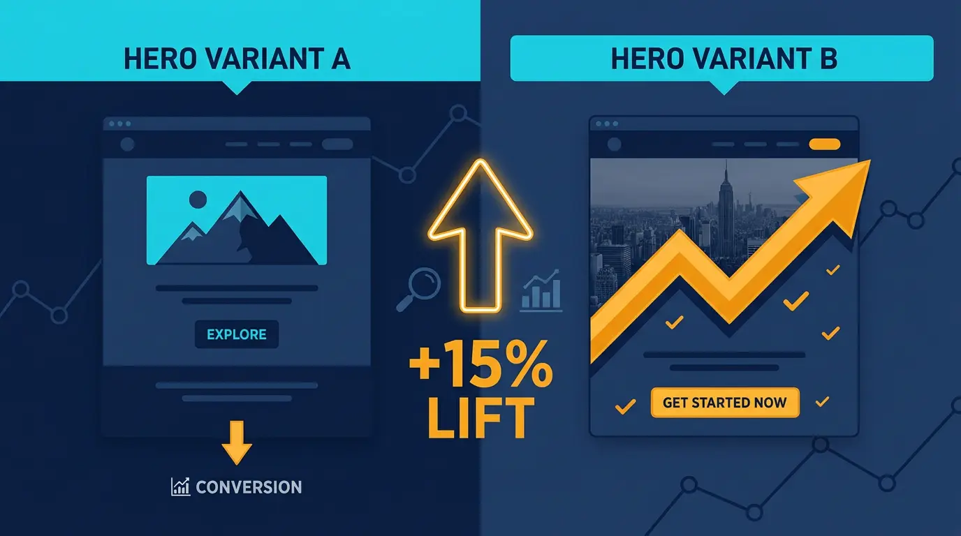 Split test results case study: hero variant A vs B with lift %.