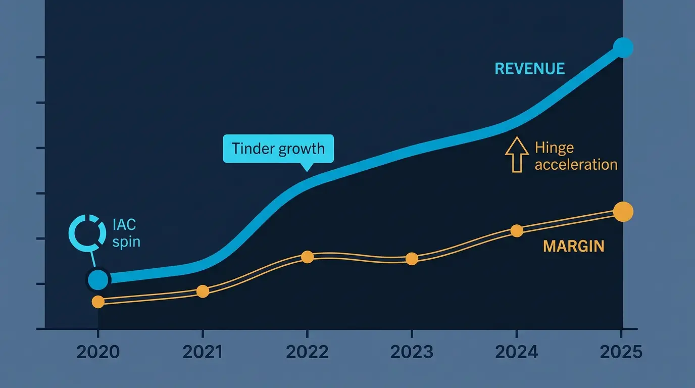 Five year revenue and margin chart 2020 to 2025 with annotations (IAC spin, Tinder growth, Hinge acceleration).