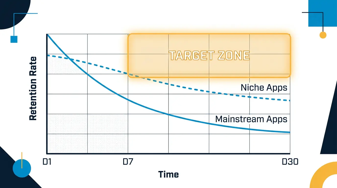 Retention curve chart showing industry-average D1/D7/D30 rates for mainstream vs niche dating apps with a "target zone" overlaid.