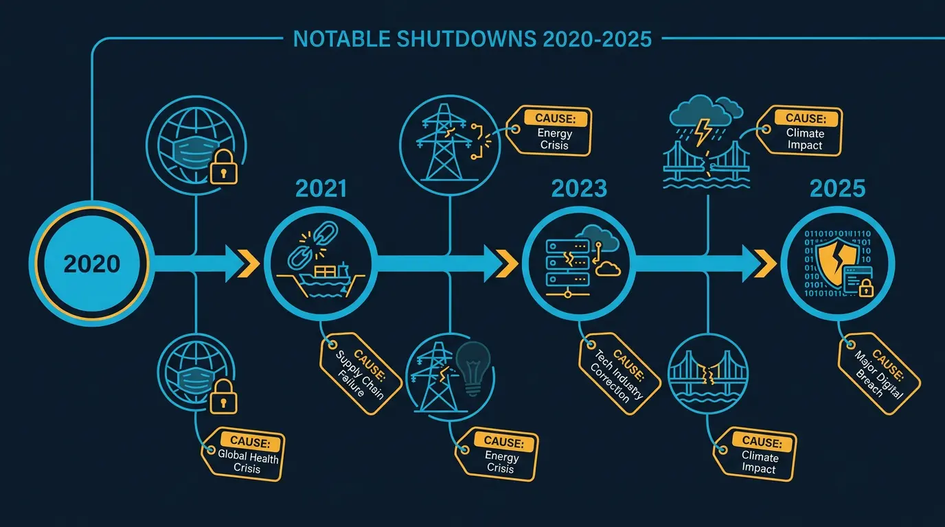 Timeline of notable shutdowns 2020 to 2025 with cause tag.