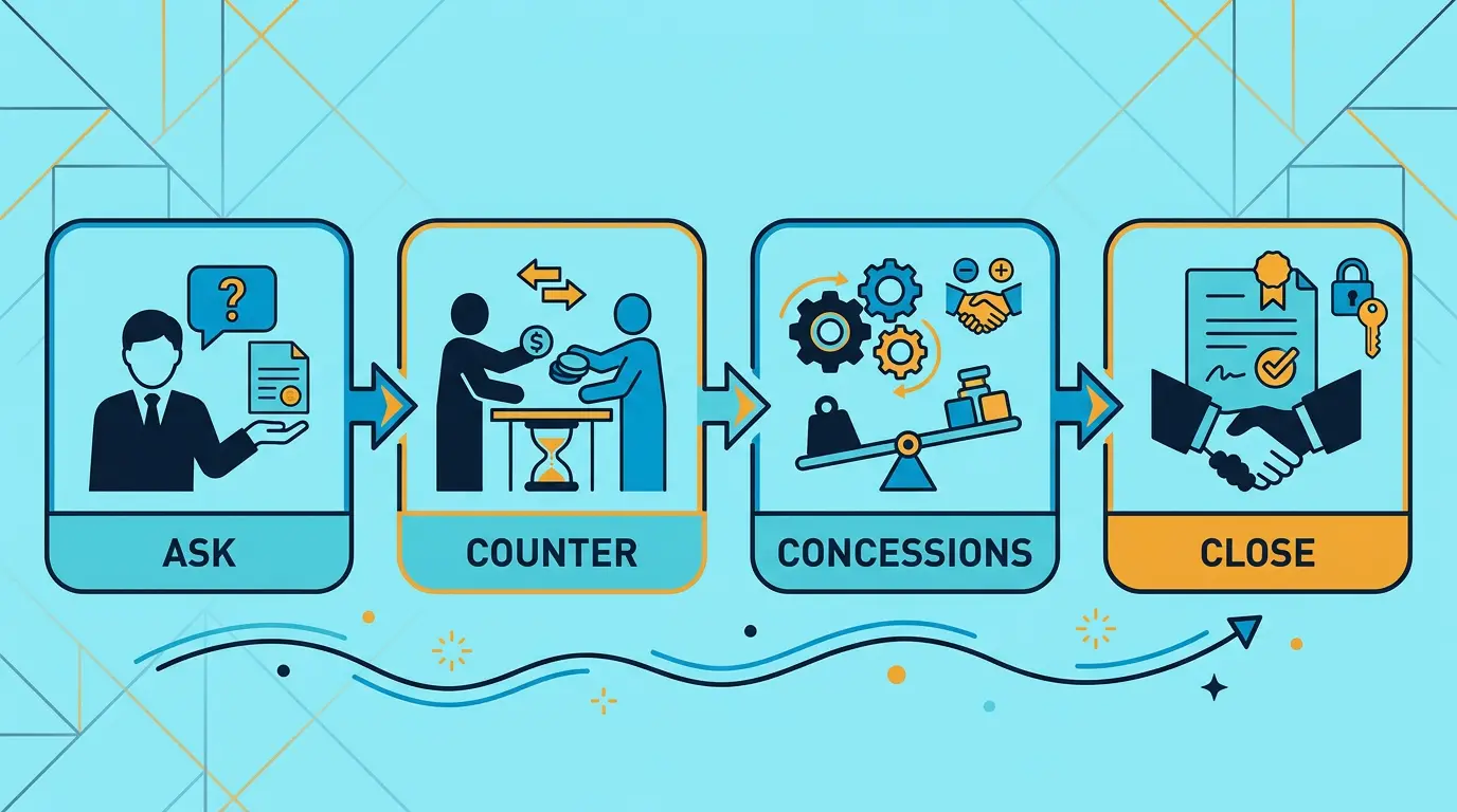 Negotiation flowchart: ask -> counter -> concessions -> close.