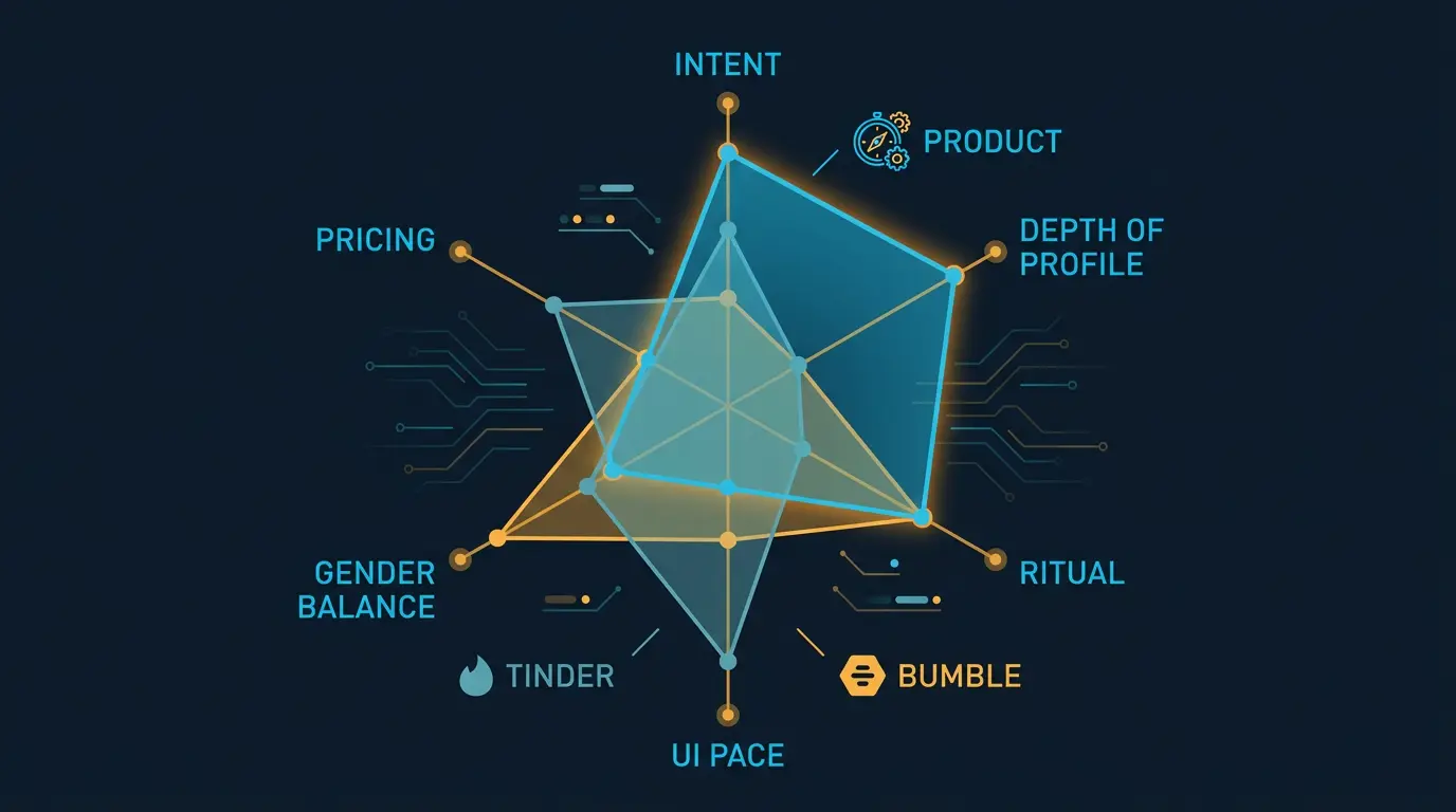 Product differentiation radar vs Tinder and Bumble on 6 axes: intent, depth of profile, ritual, UI pace, gender balance, pricing.