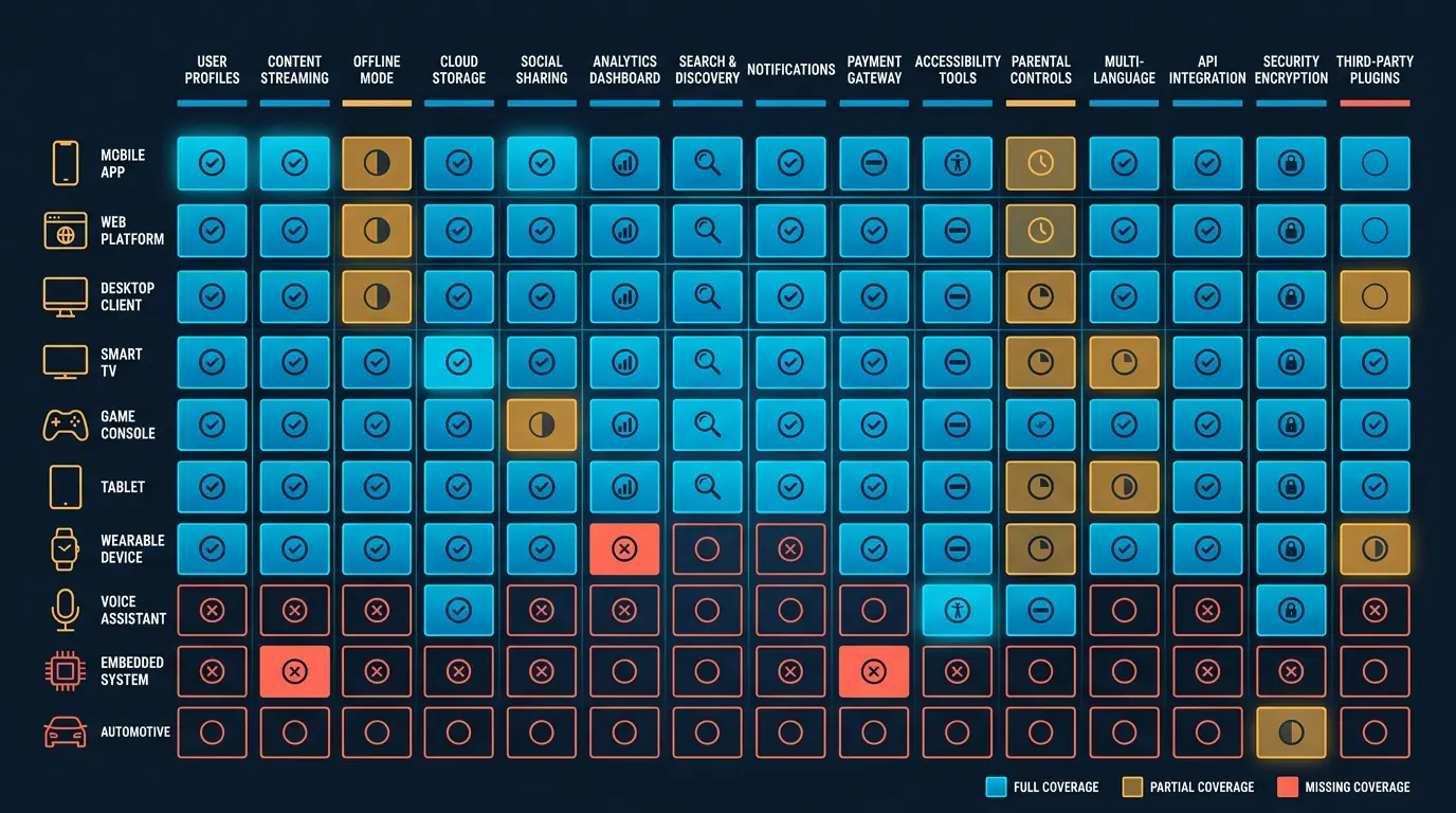 Feature coverage heatmap: 10 platforms down the left, 15 features across the top, cells coloured from coral (missing) through amber (partial) to cyan (full).