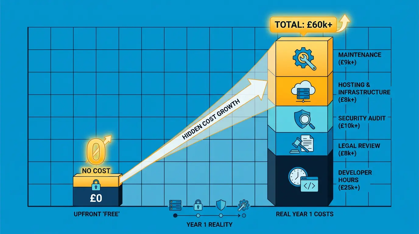 Hidden cost comparison: upfront £0 vs real year 1 costs for hosting, maintenance, security audit, legal review, dev hours.
