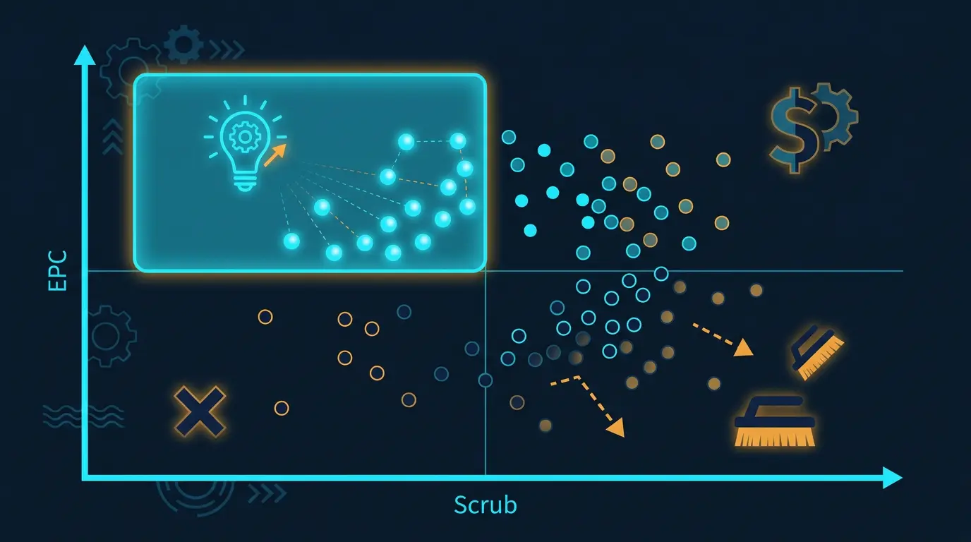 Scrub vs EPC scatter with ideal quadrant highlighted cyan.