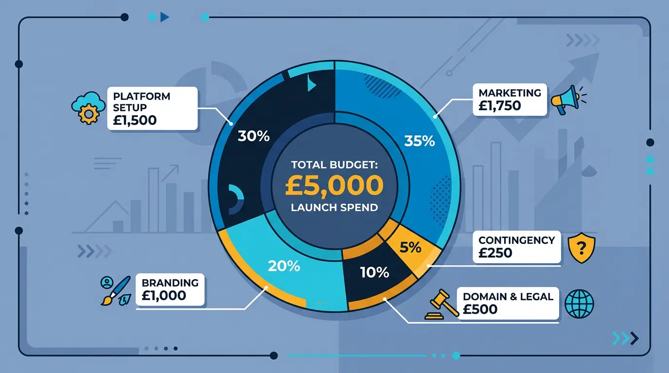 Budget allocation donut chart showing typical £5,000 launch spend: platform setup 30%, branding 20%, domain and legal 10%, marketing 35%, contingency 5%.